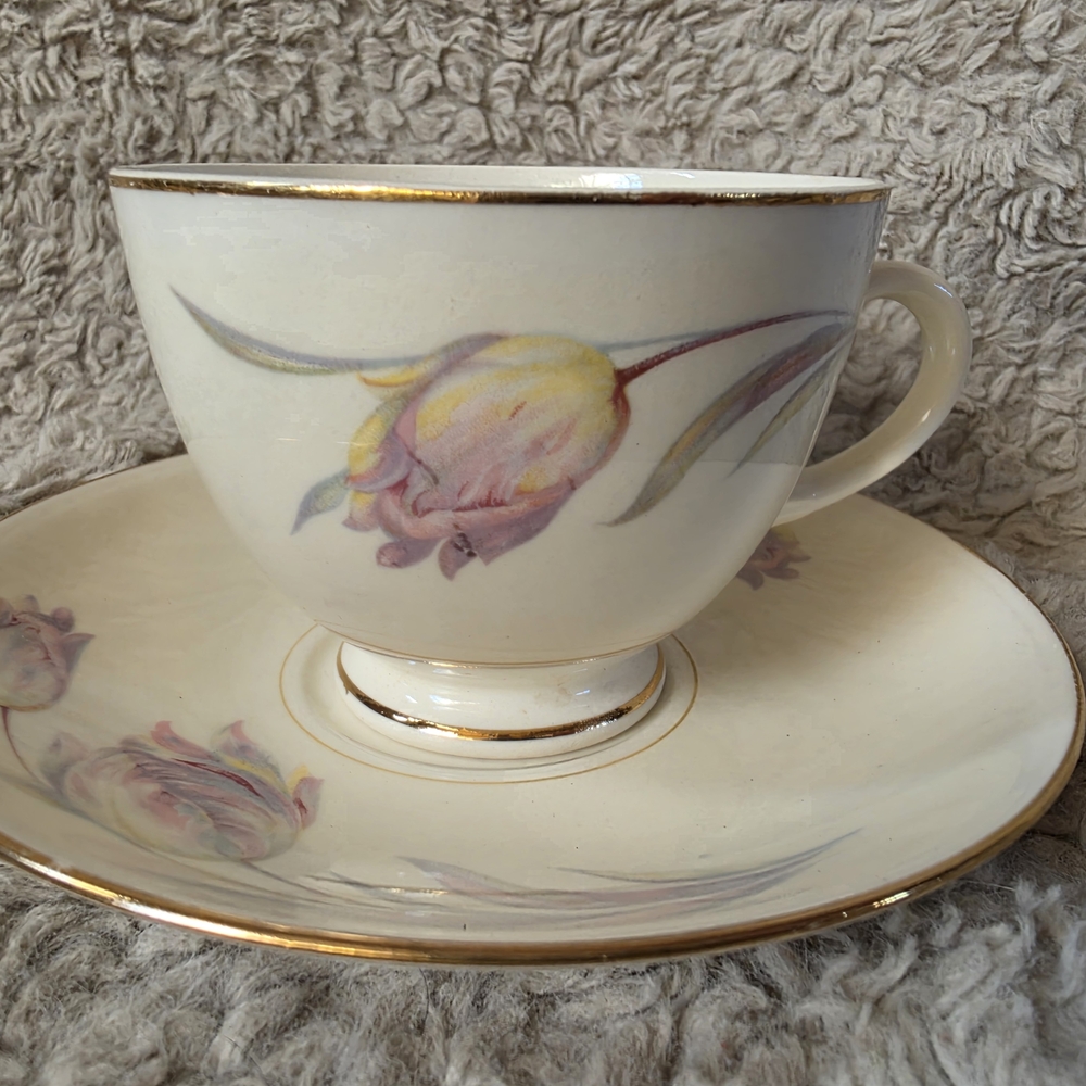 Vintage Floral Teacup & Saucer Set Gold Trim Pastel Tulip Design